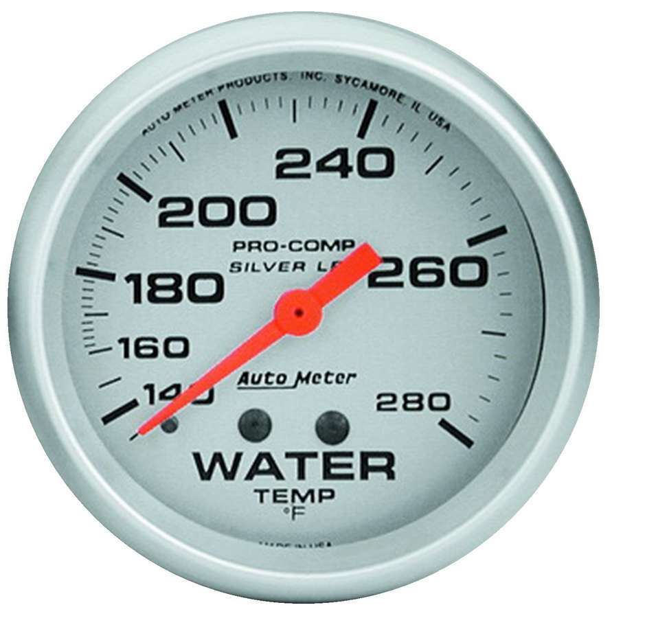 AutoMeter Water Temperature Gauge - Ultra-Lite - 140-280 Degree F - Mechanical - Analog - Full Sweep - 2-5/8 in Diameter - Liquid Filled - Silver Face - Each