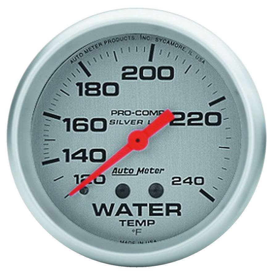 AutoMeter Water Temperature Gauge - Ultra-Lite - 120-240 Degree F - Mechanical - Analog - Full Sweep - 2-5/8 in Diameter - Liquid Filled - Silver Face - Each