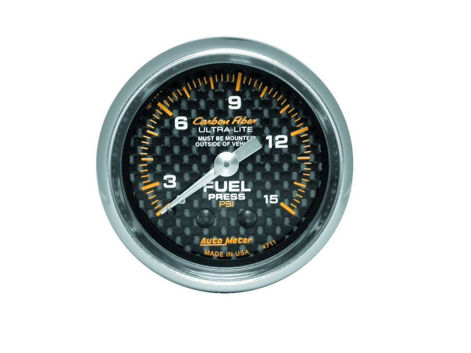 AutoMeter Fuel Pressure Gauge - Carbon Fiber - 0-15 psi - Mechanical - Analog - Full Sweep - 2-1/16 in Diameter - Carbon Fiber Look Face - Each