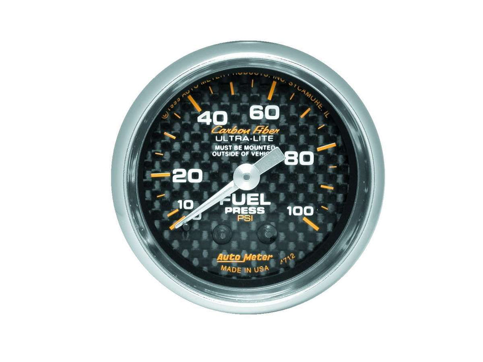 AutoMeter Fuel Pressure Gauge - Carbon Fiber - 0-100 psi - Mechanical - Analog - Full Sweep - 2-1/16 in Diameter - Carbon Fiber Look Face - Each