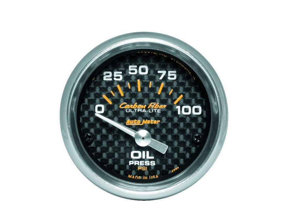 AutoMeter Oil Pressure Gauge - Carbon Fiber - 0-100 psi - Electric - Analog - Short Sweep - 2-1/16 in Diameter - Carbon Fiber Look Face - Each