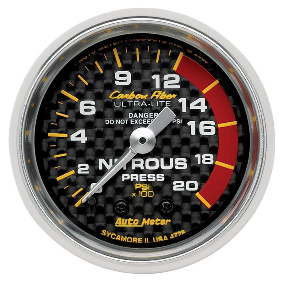 AutoMeter Nitrous Pressure Gauge - Carbon Fiber - 0-2000 psi - Mechanical - Analog - Full Sweep - 2-1/16 in Diameter - Carbon Fiber Look Face - Each