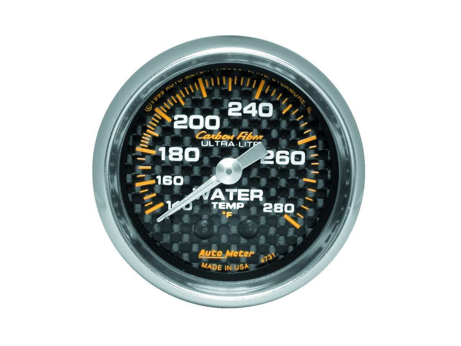 AutoMeter Water Temperature Gauge - Carbon Fiber - 140-280 Degree F - Mechanical - Analog - Full Sweep - 2-1/16 in Diameter - Carbon Fiber Look Face - Each