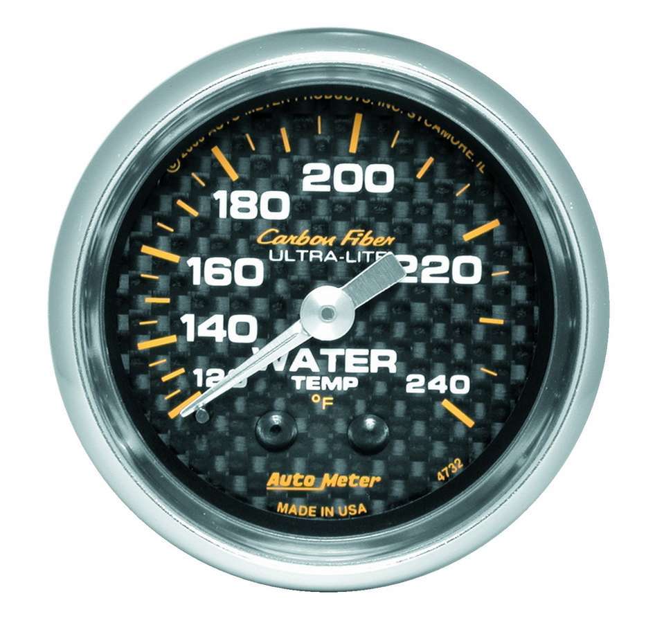 AutoMeter Water Temperature Gauge - Carbon Fiber - 120-240 Degree F - Mechanical - Analog - Full Sweep - 2-1/16 in Diameter - Carbon Fiber Look Face - Each