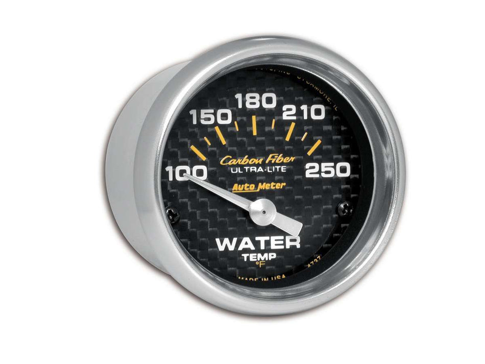 AutoMeter Water Temperature Gauge - Carbon Fiber - 100-250 Degree F - Electric - Analog - Short Sweep - 2-1/16 in Diameter - Carbon Fiber Look Face - Each