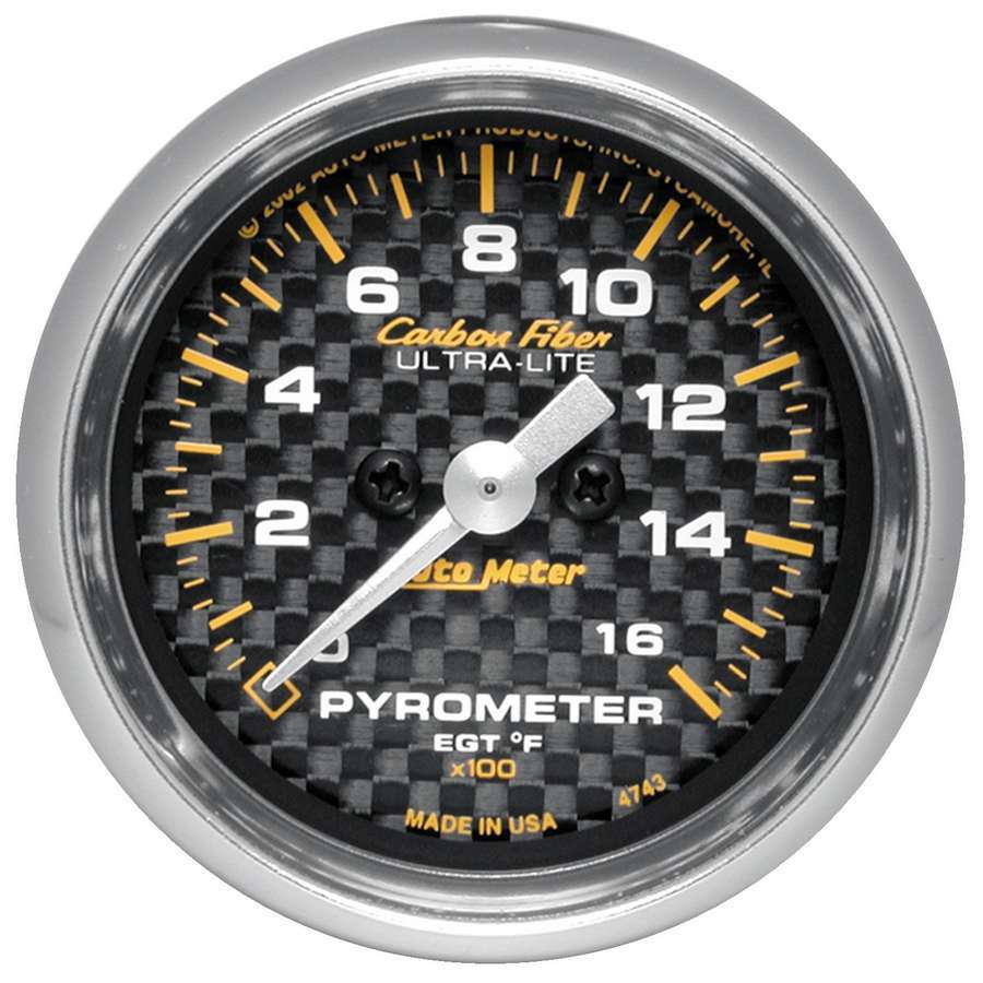 AutoMeter EGT Gauge - Carbon Fiber - 0-1600 Degree F - Electric - Analog - Full Sweep - 2-1/16 in Diameter - Carbon Fiber Look Face - Each