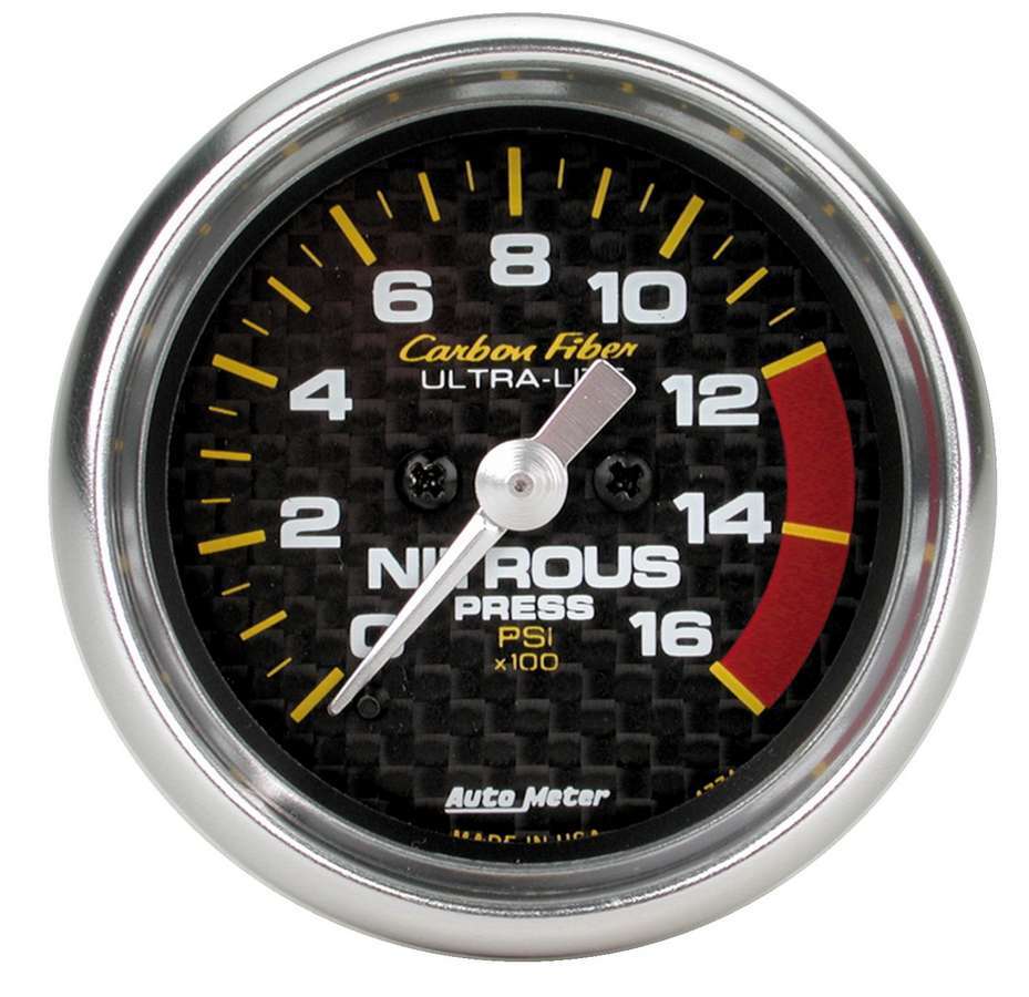 AutoMeter Nitrous Pressure Gauge - Carbon Fiber - 0-1600 psi - Electric - Analog - Full Sweep - 2-1/16 in Diameter - Carbon Fiber Look Face - Each