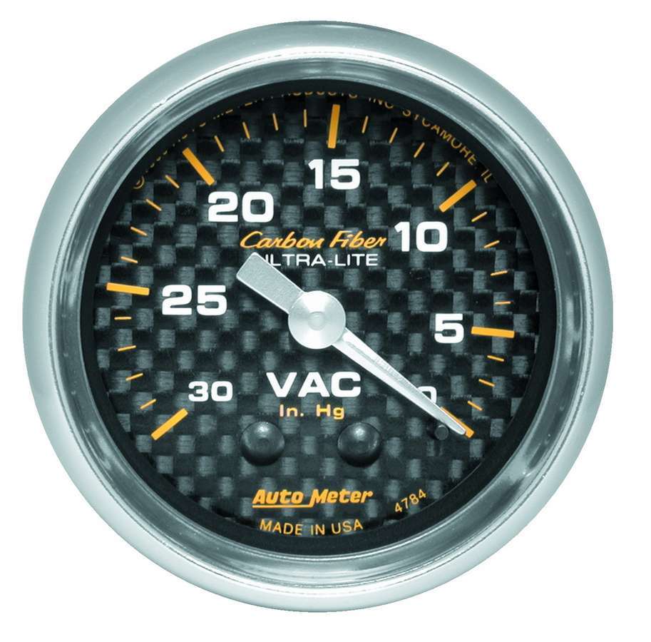 AutoMeter Vacuum Gauge - Carbon Fiber - 0-30 in HG - Mechanical - Analog - 2-1/16 in Diameter - Carbon Fiber Look Face - Each