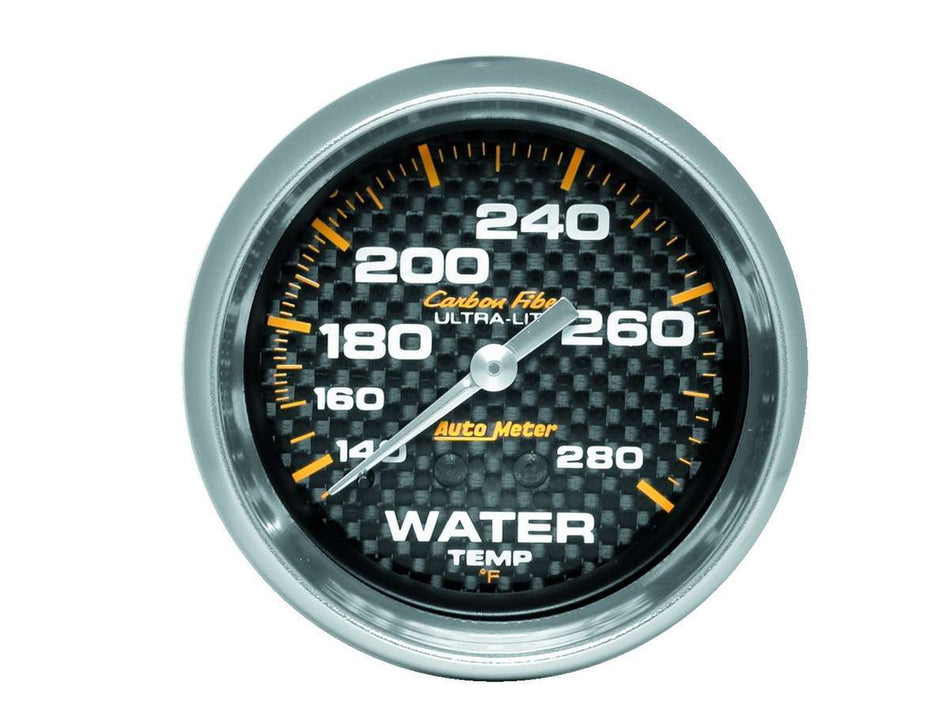 AutoMeter Water Temperature Gauge - Carbon Fiber - 140-280 Degree F - Mechanical - Analog - Full Sweep - 2-5/8 in Diameter - Carbon Fiber Look Face - Each