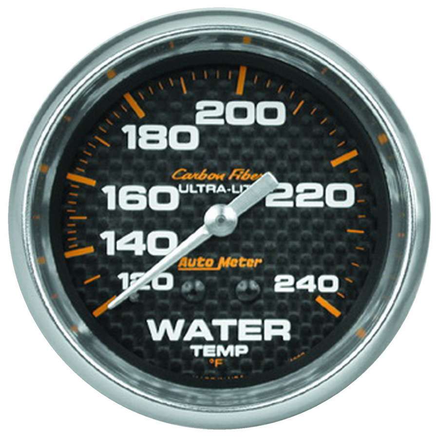 AutoMeter Water Temperature Gauge - Carbon Fiber - 120-240 Degree F - Mechanical - Analog - Full Sweep - 2-5/8 in Diameter - Carbon Fiber Look Face - Each