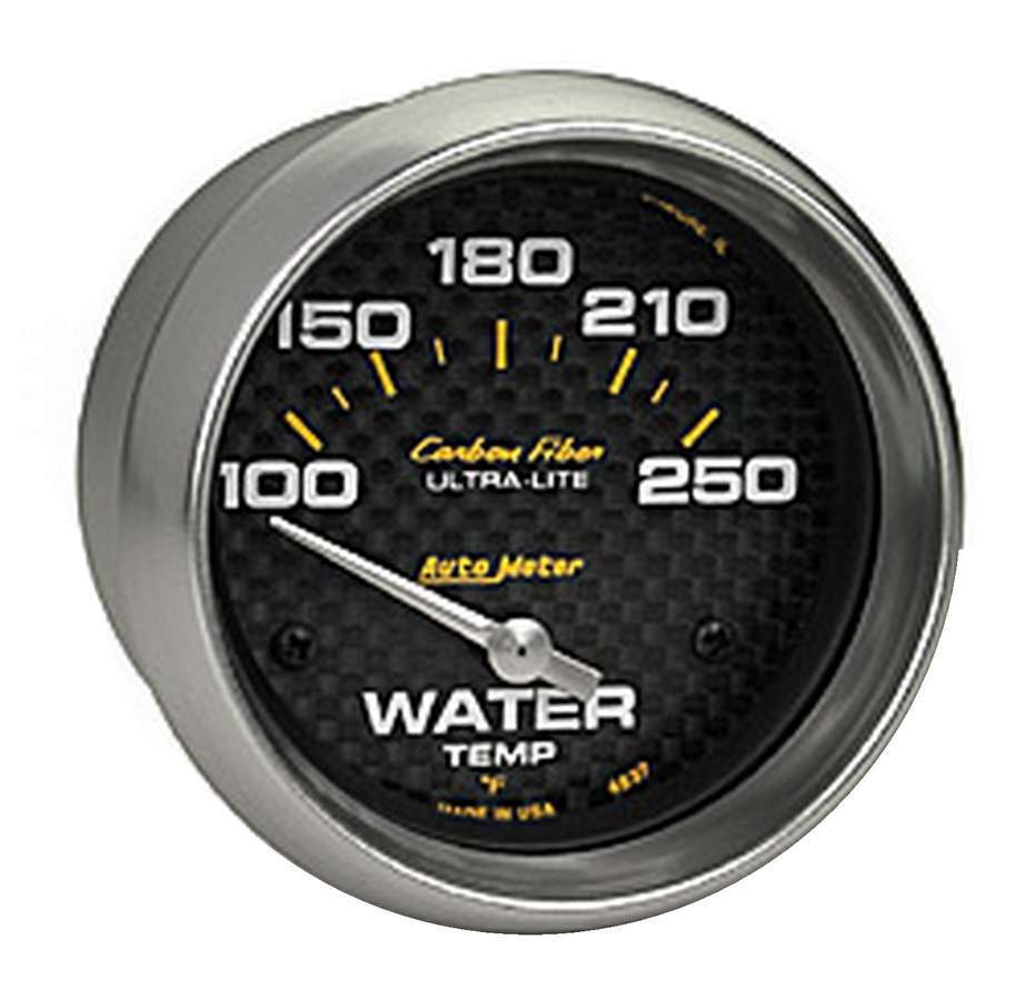 AutoMeter Water Temperature Gauge - Carbon Fiber - 100-250 Degree F - Electric - Analog - Short Sweep - 2-5/8 in Diameter - Carbon Fiber Look Face - Each