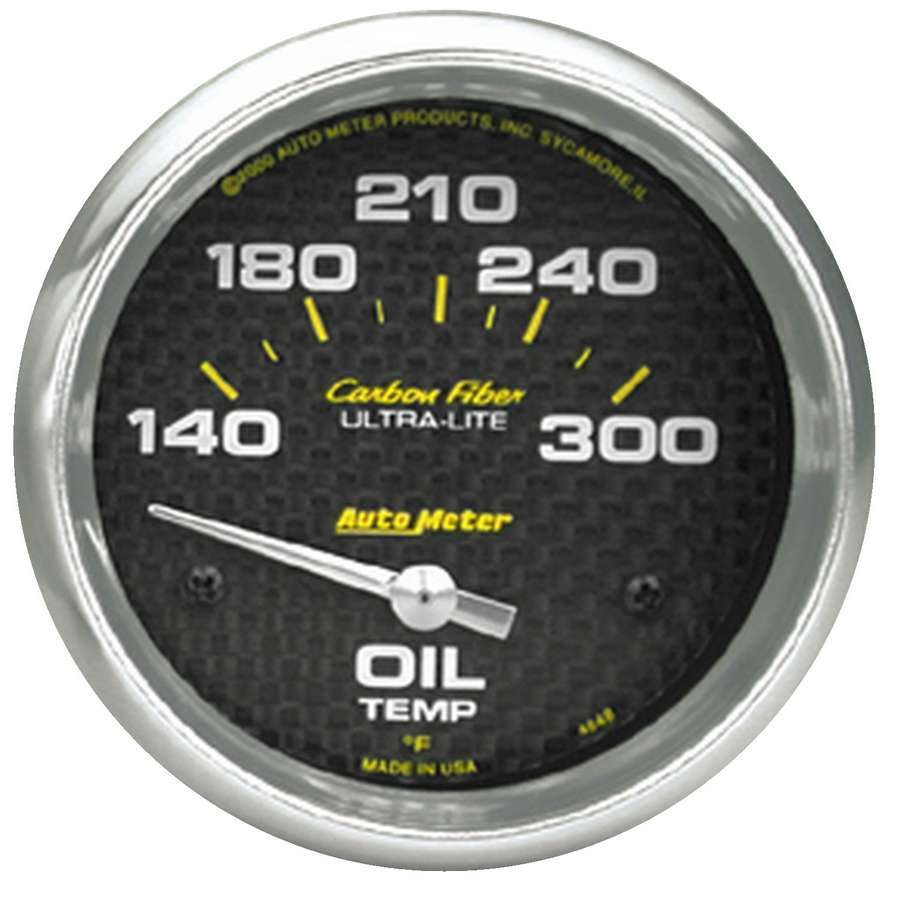 AutoMeter Oil Temperature Gauge - Carbon Fiber - 140-300 Degree F - Electric - Analog - Short Sweep - 2-5/8 in Diameter - Carbon Fiber Look Face - Each