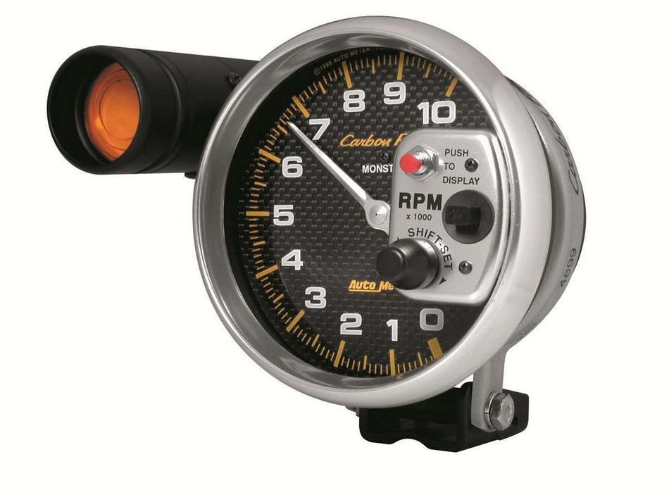 AutoMeter Tachometer - Carbon Fiber - 10000 RPM - Electric - Analog - 5 in Diameter - Pedestal Mount - Shift Light - Carbon Fiber Look Face - Each