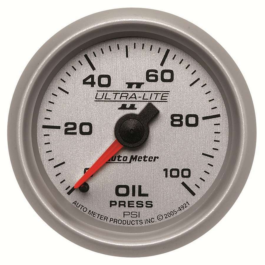 AutoMeter Oil Pressure Gauge - Ultra-Lite II - 0-100 psi - Mechanical - Analog - Full Sweep - 2-1/16 in Diameter - Silver Face - Each