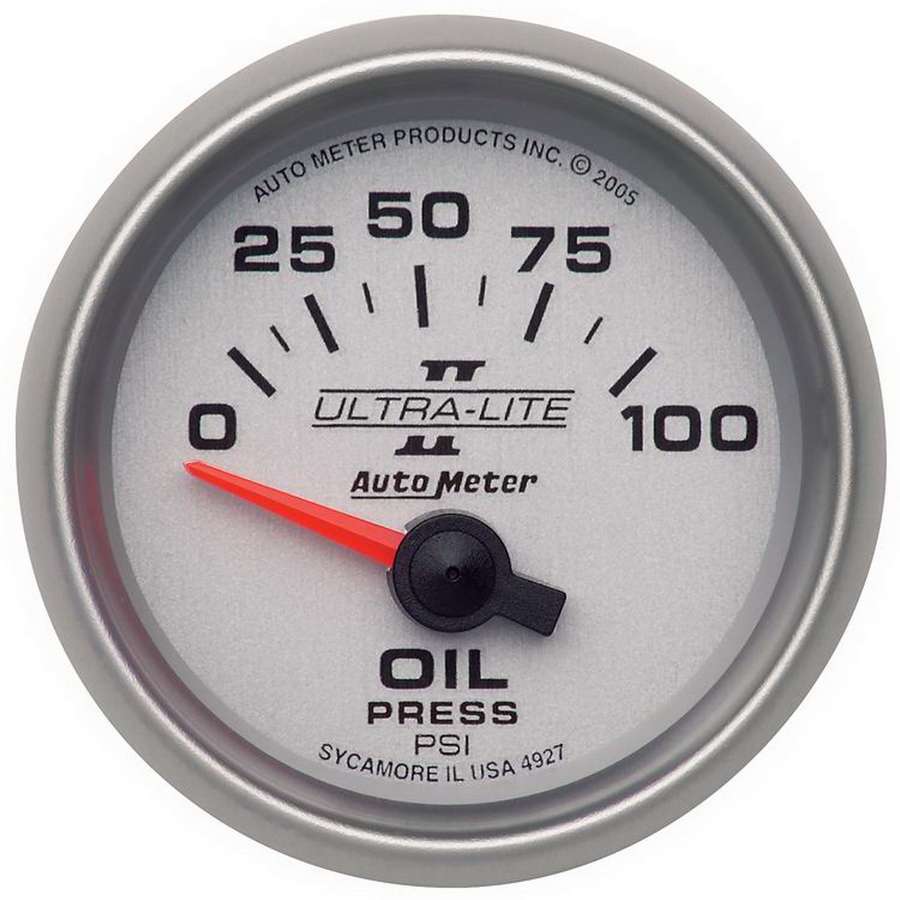 AutoMeter Oil Pressure Gauge - Ultra-Lite II - 0-100 psi - Electric - Analog - Short Sweep - 2-1/16 in Diameter - Silver Face - Each
