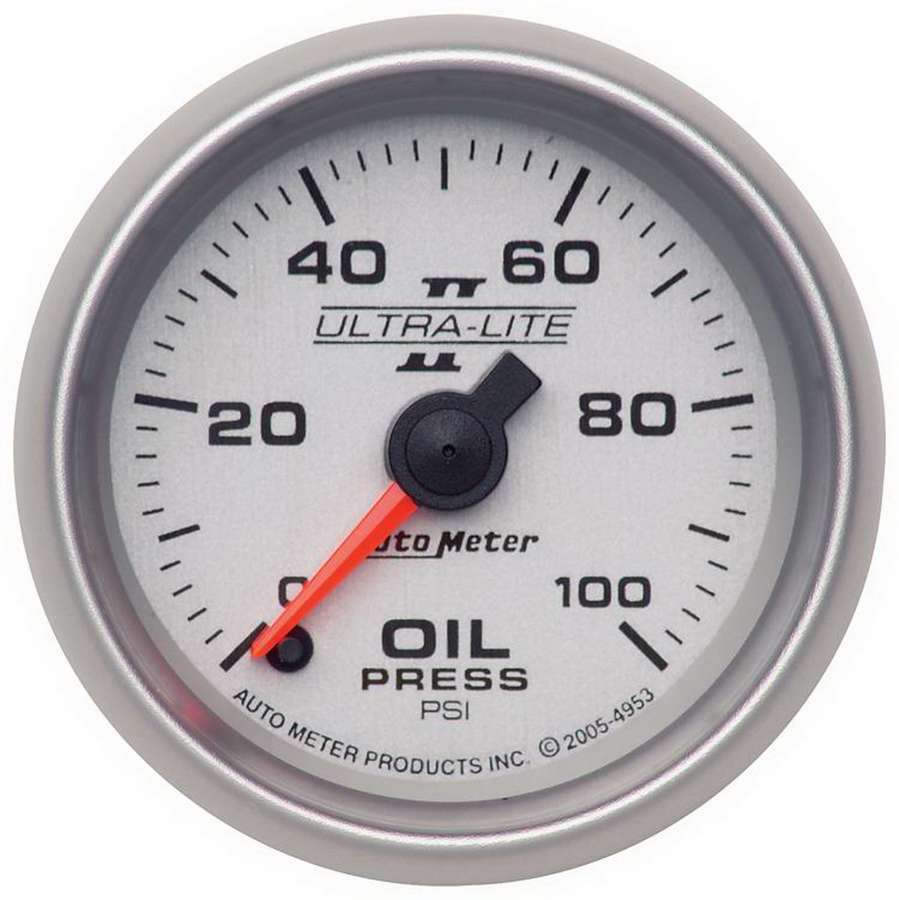 AutoMeter Oil Pressure Gauge - Ultra-Lite II - 0-100 psi - Electric - Analog - Full Sweep - 2-1/16 in Diameter - Silver Face - Each