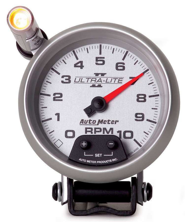 AutoMeter Tachometer - Ultra-Lite II - 10000 RPM - Electric - Analog - 3-3/4 in Diameter - Pedestal Mount - Shift Light - Silver Face - Each