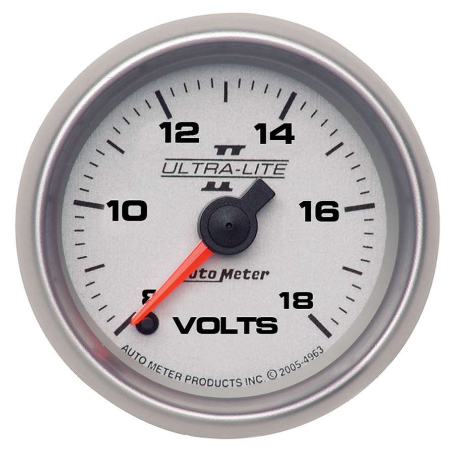 AutoMeter Voltmeter - Ultra-Lite II - 8-18V - Electric - Analog - Full Sweep - 2-1/16 in Diameter - Silver Face - Each