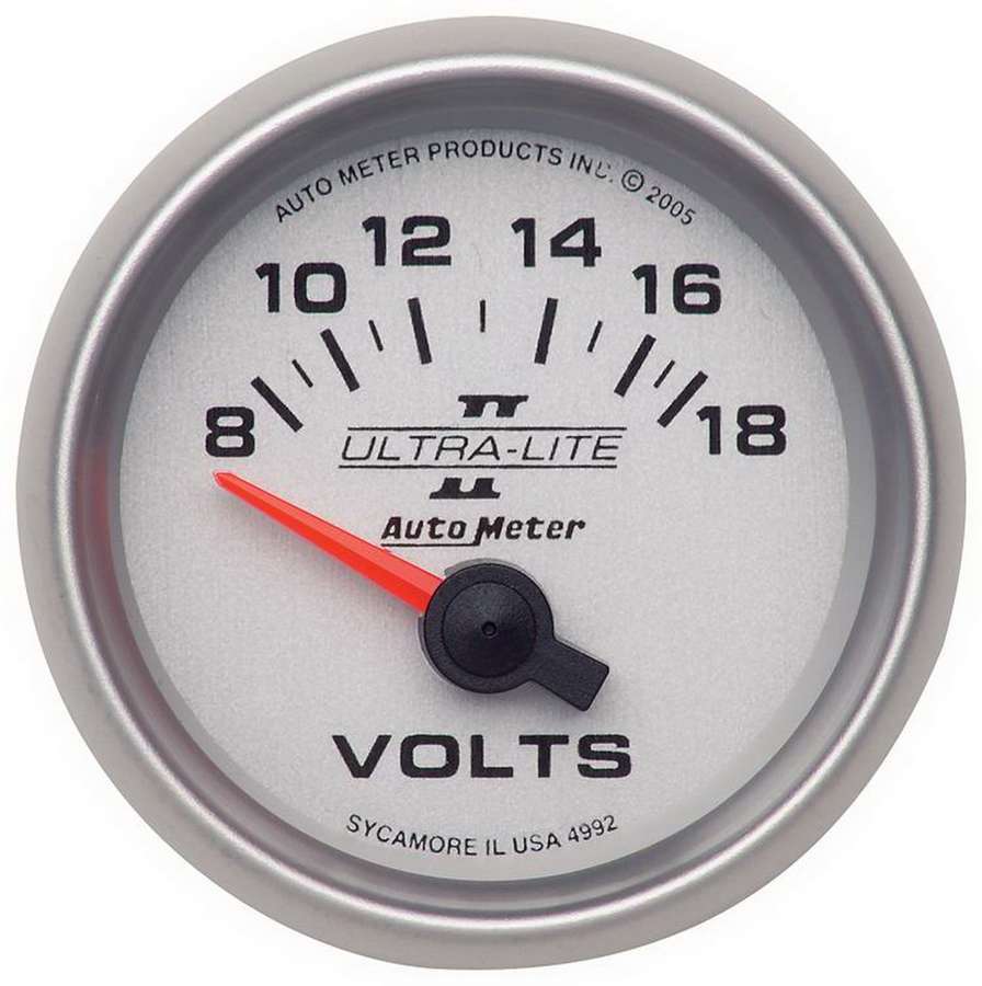 AutoMeter Voltmeter - Ultra-Lite II - 8-18V - Electric - Analog - Short Sweep - 2-1/16 in Diameter - Silver Face - Each
