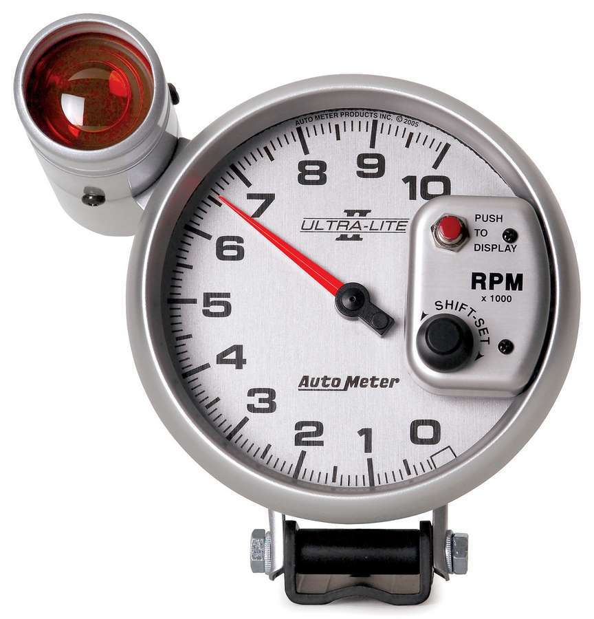 AutoMeter Tachometer - Ultra-Lite II - 10000 RPM - Electric - Analog - 5 in Diameter - Pedestal Mount - Shift Light - Silver Face - Each