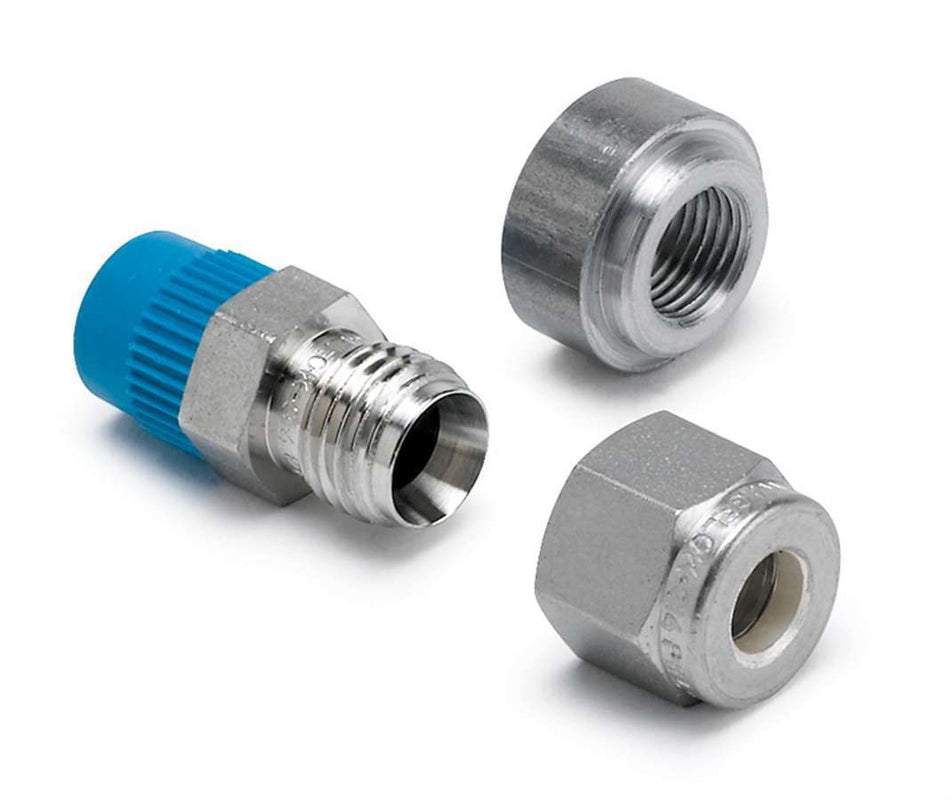 AutoMeter EGT Probe Fitting - 1/4 in Compression to 1/8 in NPT Male - 1/8 in Weld-On Bung - Steel - Kit