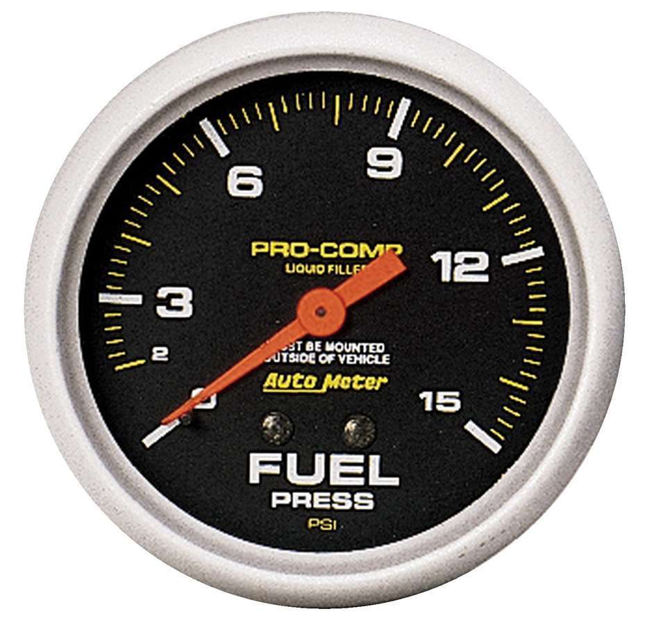 AutoMeter Fuel Pressure Gauge - Pro-Comp - 0-15 psi - Mechanical - Analog - Full Sweep - 2-5/8 in Diameter - Liquid Filled - Black Face - Each