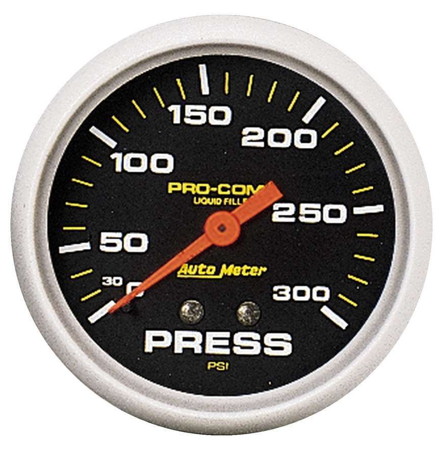 AutoMeter Pressure Gauge - Pro-Comp - 0-300 psi - Mechanical - Analog - 2-5/8 in Diameter - Liquid Filled - 1/8 in NPT Port - Black Face - Each