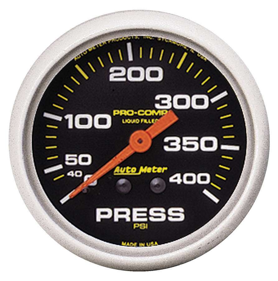 AutoMeter Pressure Gauge - Pro-Comp - 0-400 psi - Mechanical - Analog - 2-5/8 in Diameter - Liquid Filled - 1/8 in NPT Port - Black Face - Each