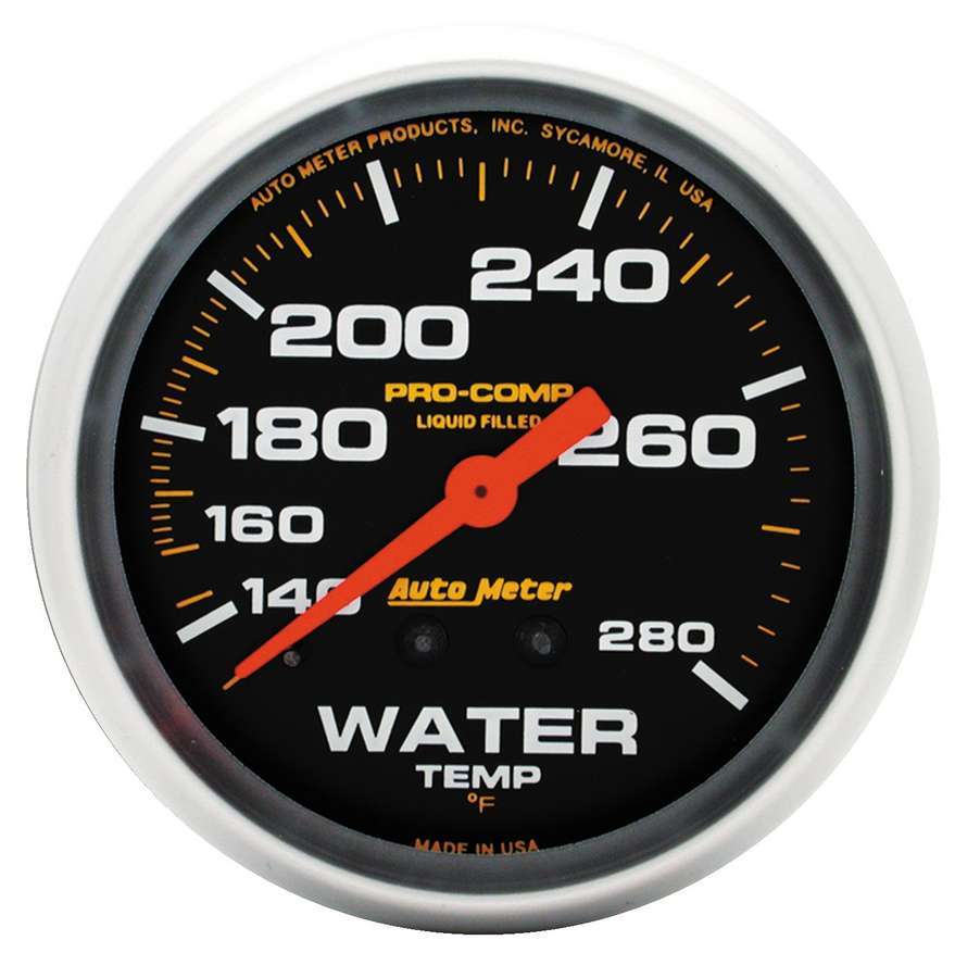 AutoMeter Water Temperature Gauge - Pro-Comp - 140-280 Degree F - Mechanical - Analog - Full Sweep - 2-5/8 in Diameter - Liquid Filled - Black Face - Each