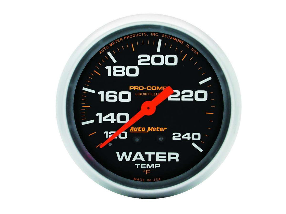 AutoMeter Water Temperature Gauge - Pro-Comp - 120-240 Degree F - Mechanical - Analog - Full Sweep - 2-5/8 in Diameter - Liquid Filled - Black Face - Each