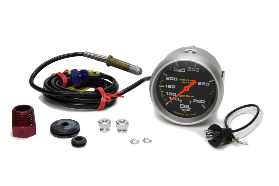 AutoMeter Oil Temperature Gauge - Pro-Comp - 140-280 Degree F - Mechanical - Analog - Full Sweep - 2-5/8 in Diameter - Liquid Filled - Black Face - Each