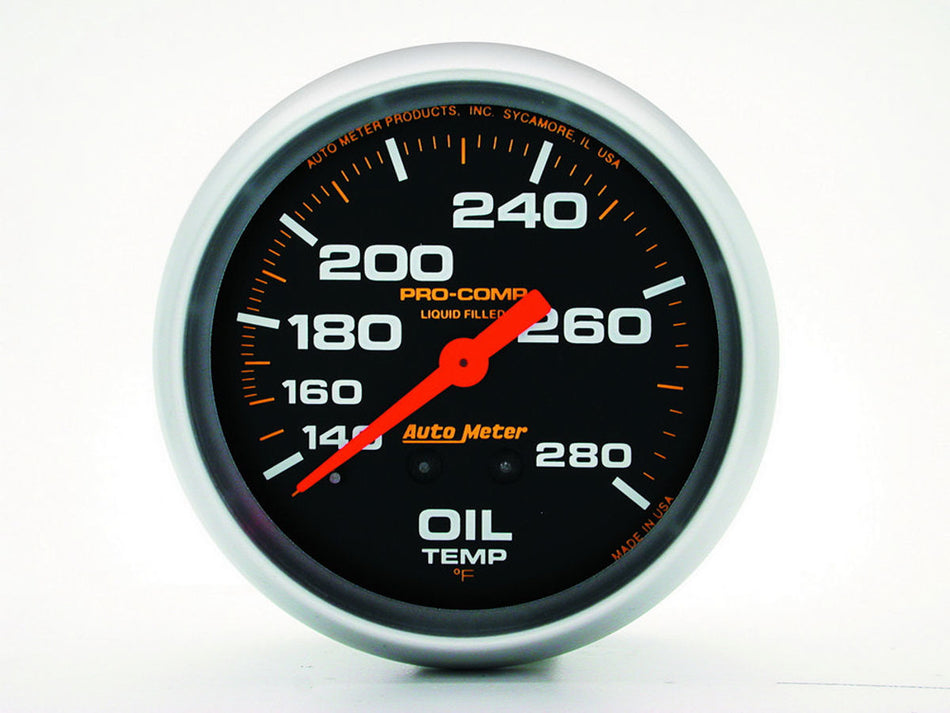 AutoMeter Oil Temperature Gauge - Pro-Comp - 140-280 Degree F - Mechanical - Analog - Full Sweep - 2-5/8 in Diameter - Liquid Filled - Black Face - Each