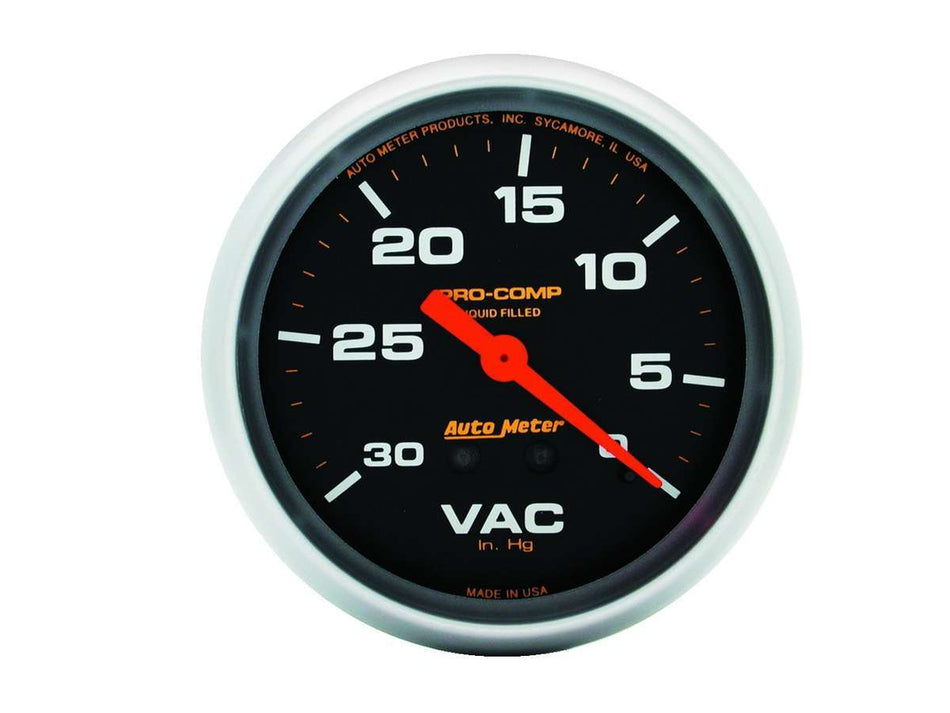 AutoMeter Vacuum Gauge - Pro-Comp - 0-30 in HG - Mechanical - Analog - 2-5/8 in Diameter - Liquid Filled - Black Face - Each