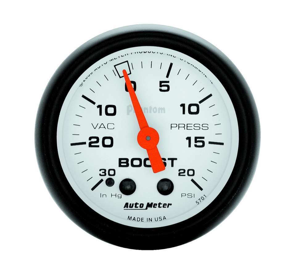 AutoMeter Boost / Vacuum Gauge - Phantom - 30 in HG-20 psi - Mechanical - Analog - 2-1/16 in Diameter - White Face - Each