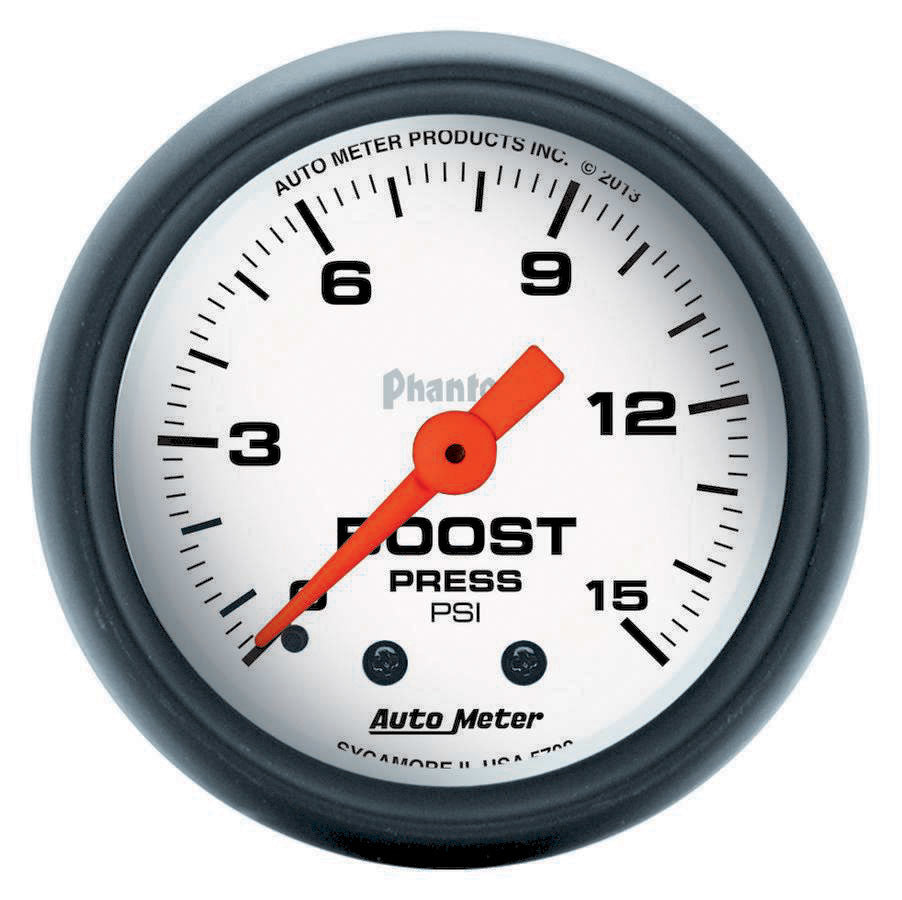 AutoMeter Boost Gauge - Phantom - 0-15 psi - Mechanical - Analog - 2-1/16 in Diameter - White Face - Each