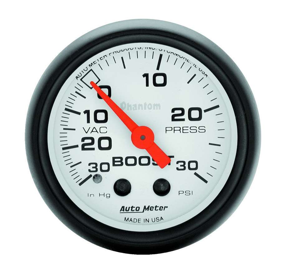 AutoMeter Boost / Vacuum Gauge - Phantom - 30 in HG-30 psi - Mechanical - Analog - 2-1/16 in Diameter - White Face - Each