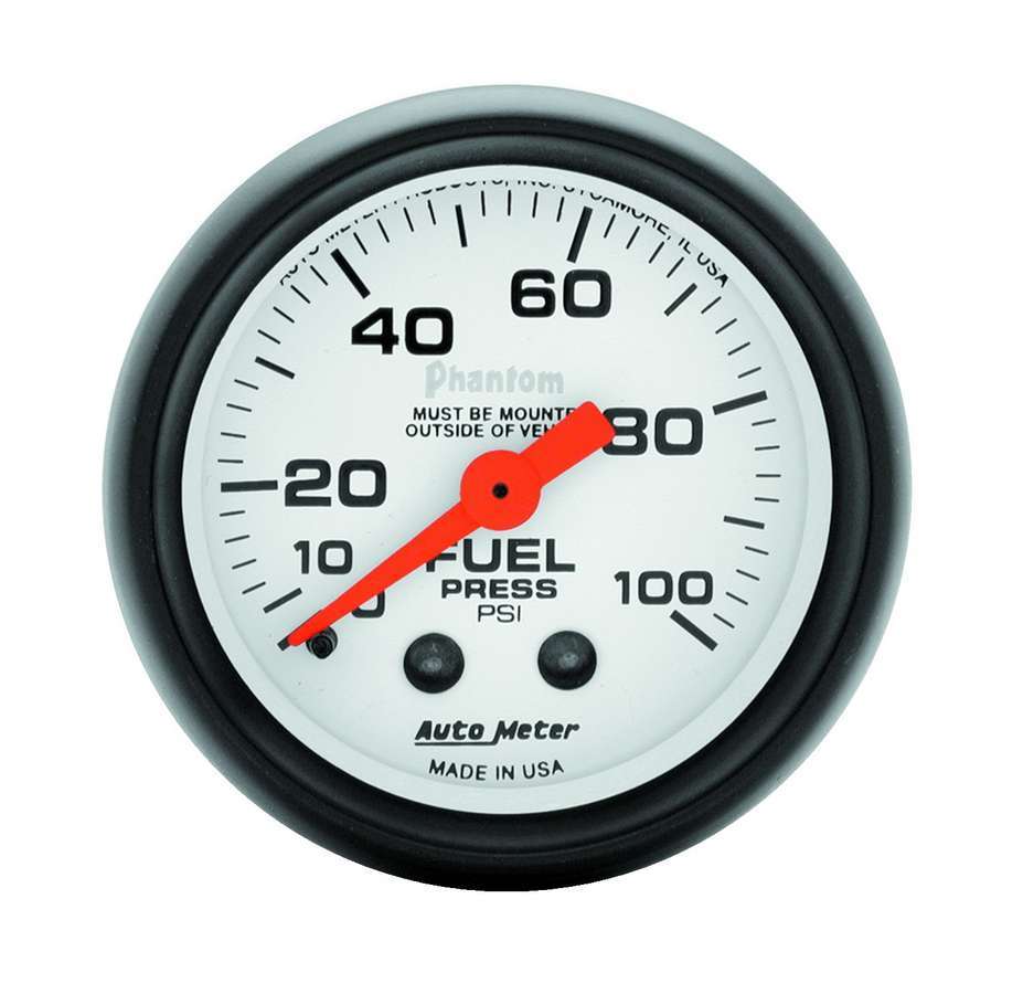 AutoMeter Fuel Pressure Gauge - Phantom - 0-100 psi - Mechanical - Analog - Full Sweep - 2-1/16 in Diameter - White Face - Each