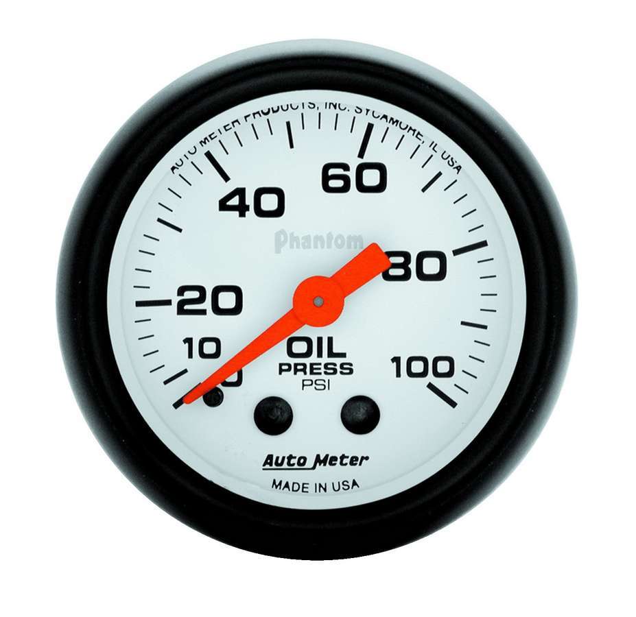AutoMeter Oil Pressure Gauge - Phantom - 0-100 psi - Mechanical - Analog - Full Sweep - 2-1/16 in Diameter - White Face - Each