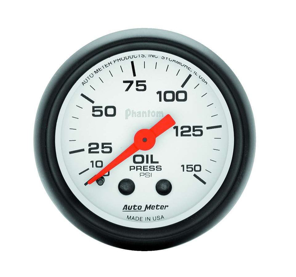 AutoMeter Oil Pressure Gauge - Phantom - 0-150 psi - Mechanical - Analog - Full Sweep - 2-1/16 in Diameter - White Face - Each