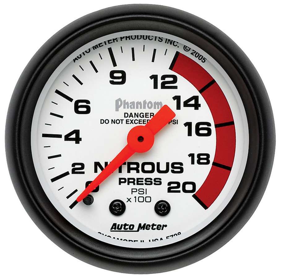 AutoMeter Nitrous Pressure Gauge - Phantom - 0-2000 psi - Mechanical - Analog - Full Sweep - 2-1/16 in Diameter - White Face - Each