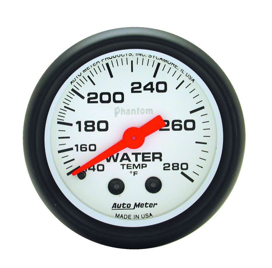 AutoMeter Water Temperature Gauge - Phantom - 140-280 Degree F - Mechanical - Analog - Full Sweep - 2-1/16 in Diameter - White Face - Each