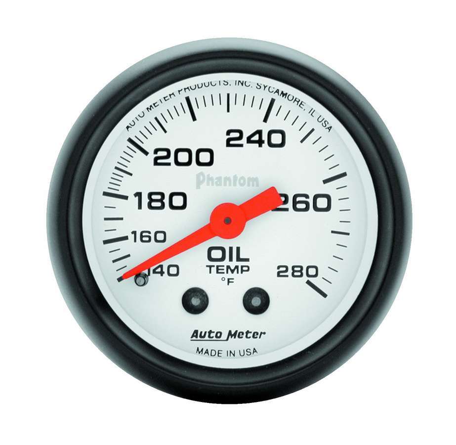 AutoMeter Oil Temperature Gauge - Phantom - 140-280 Degree F - Mechanical - Analog - Full Sweep - 2-1/16 in Diameter - White Face - Each