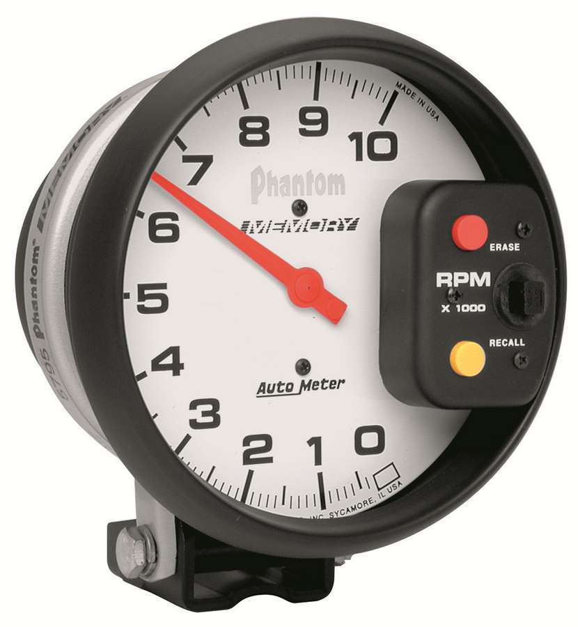 AutoMeter Tachometer - Phantom - 10000 RPM - Electric - Analog - 5 in Diameter - Pedestal Mount - Memory - White Face - Each