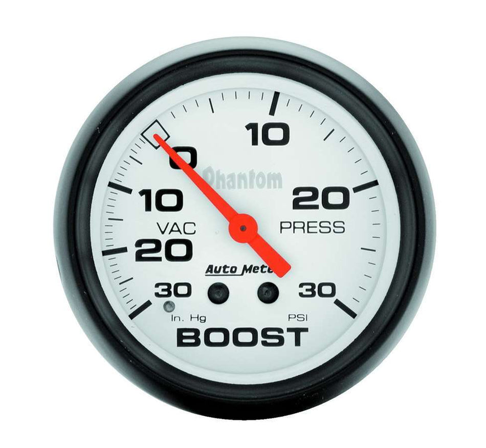 AutoMeter Boost / Vacuum Gauge - Phantom - 30 in HG-30 psi - Mechanical - Analog - 2-5/8 in Diameter - White Face - Each