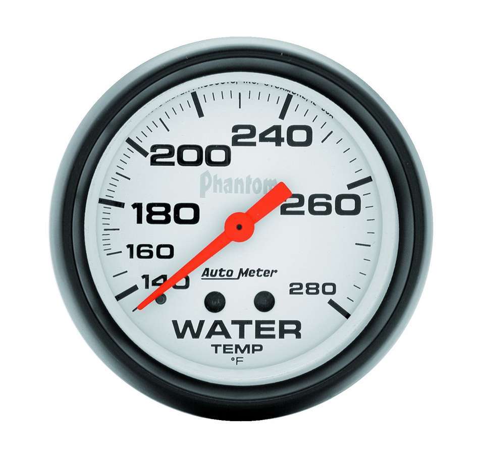 AutoMeter Water Temperature Gauge - Phantom - 140-280 Degree F - Mechanical - Analog - Full Sweep - 2-5/8 in Diameter - White Face - Each