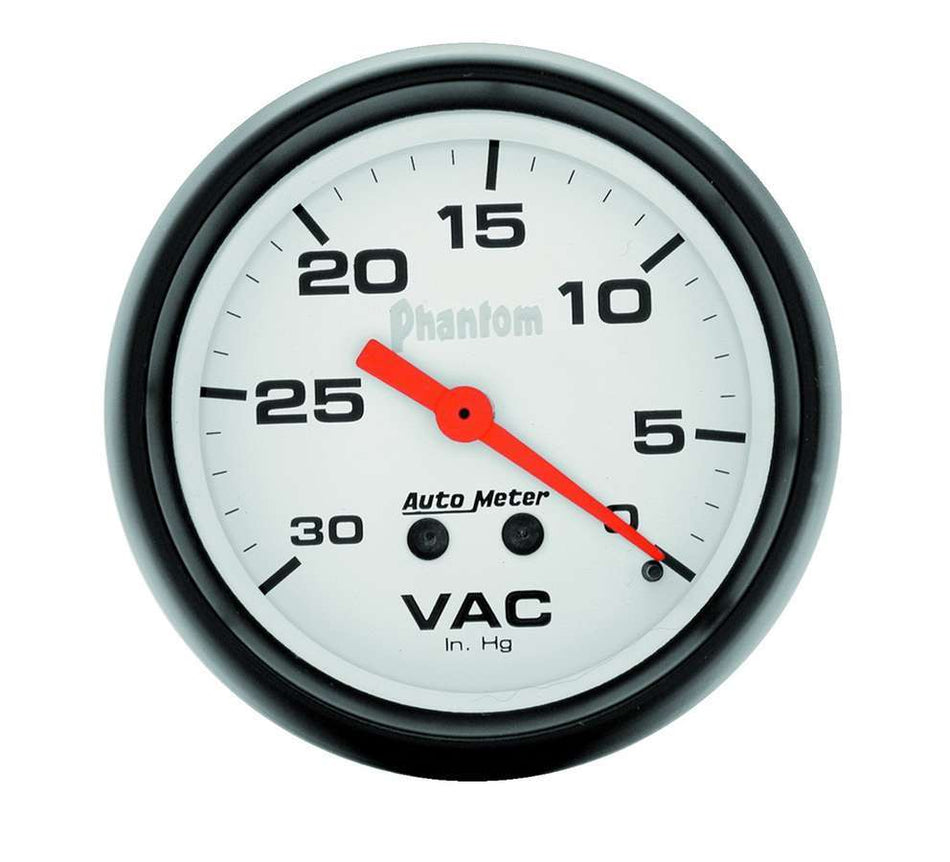 AutoMeter Vacuum Gauge - Phantom - 0-30 in HG - Mechanical - Analog - 2-5/8 in Diameter - White Face - Each