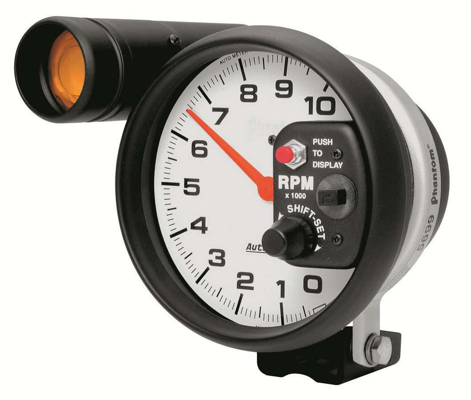 AutoMeter Tachometer - Phantom - 10000 RPM - Electric - Analog - 5 in Diameter - Pedestal Mount - Shift Light - White Face - Each