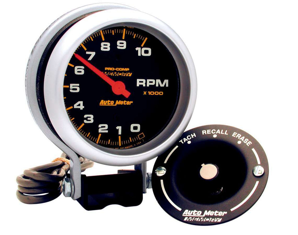 AutoMeter Tachometer - Pro-Comp - 10000 RPM - Electric - Analog - 3-3/4 in Diameter - Pedestal Mount - Memory - Black Face - Each