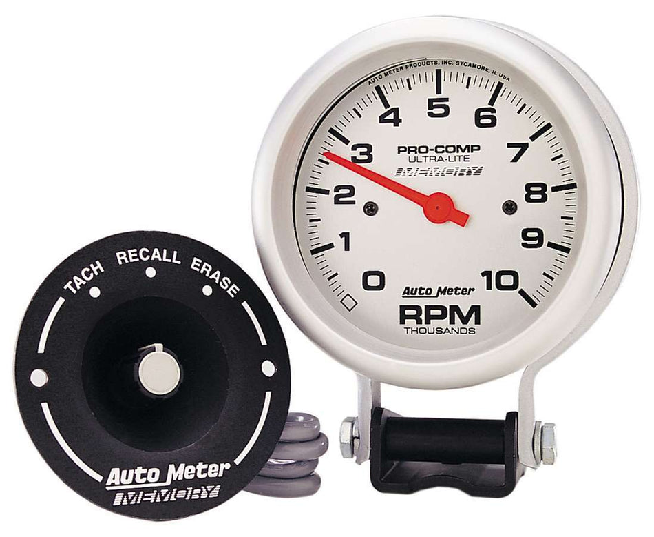 AutoMeter Tachometer - Ultra-Lite - 10000 RPM - Electric - Analog - 3-3/4 in Diameter - Pedestal Mount - Memory - Silver Face - Each