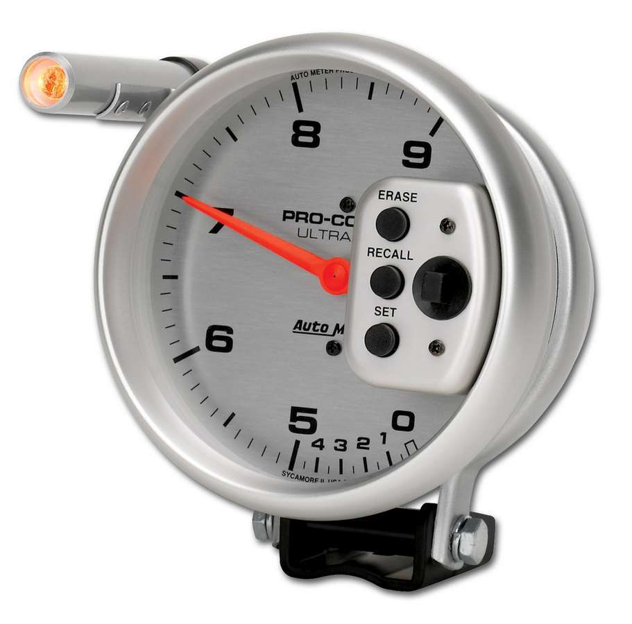 AutoMeter Tachometer - Ultra-Lite - 9000 RPM - Electric - Analog - 5 in Diameter - Pedestal Mount - Shift Light - Memory - Silver Face - Each